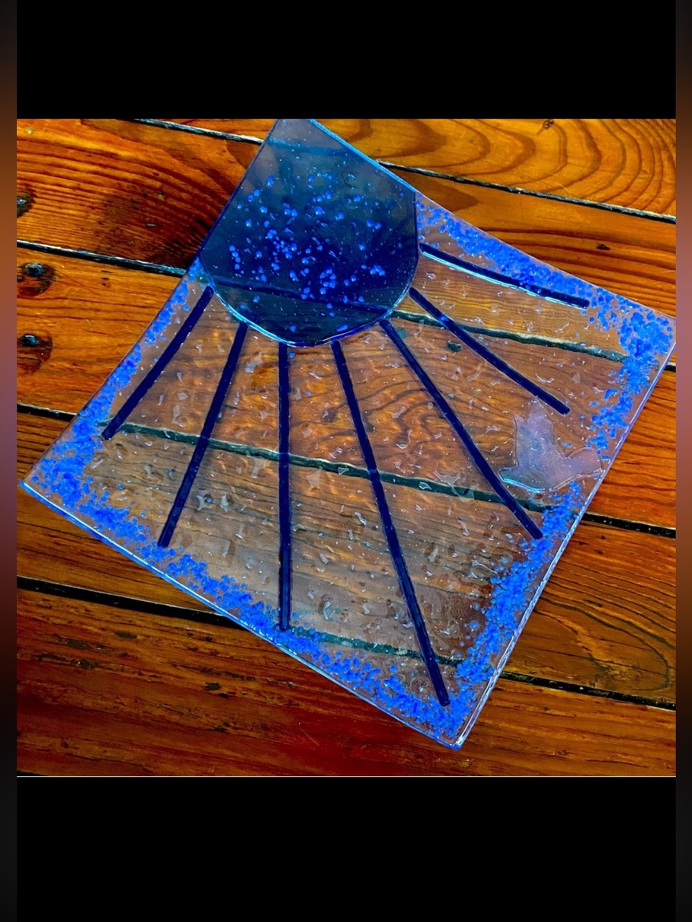 Blue Clear Fused Glass 9” Tray with Sun & Bird